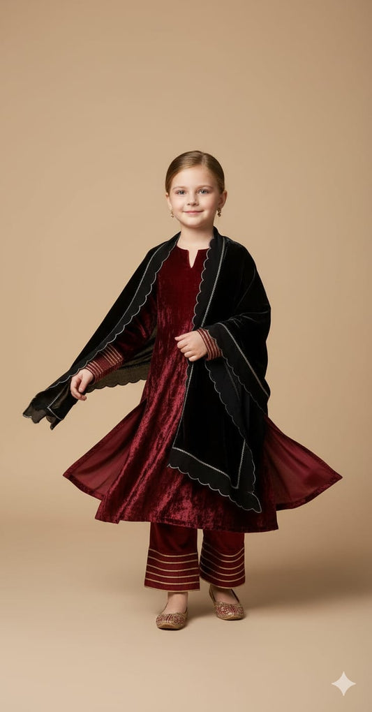 Pre Order: Maroon Velvet And Black Dupatta Suit Set
