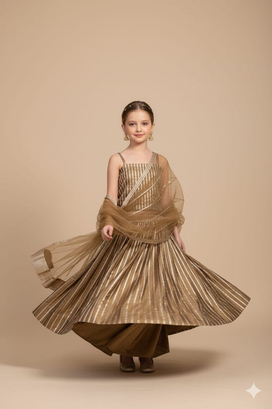 Pre Order: Golden Top And  Lehenga Set