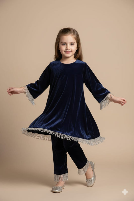 Pre Order:Dark Blue Kurti Lace Detailing Suit Set