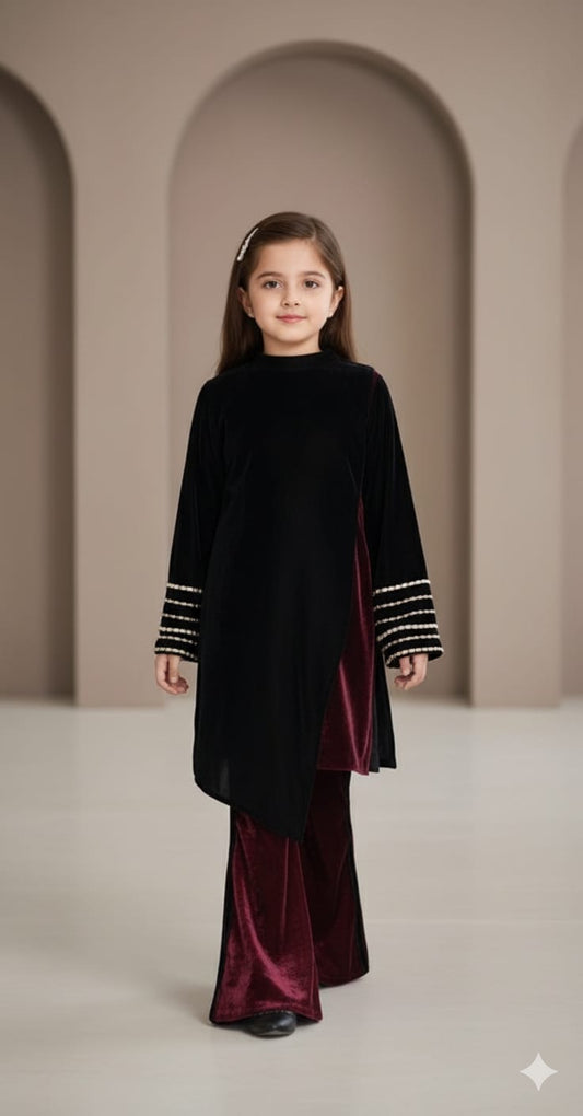 Pre Order: Black And Maroon Velvet Suit Set