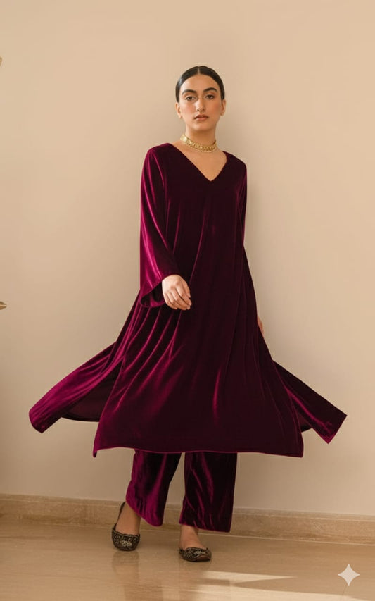 Pre Order: Hot Pink Velvet Kurta Suit Set