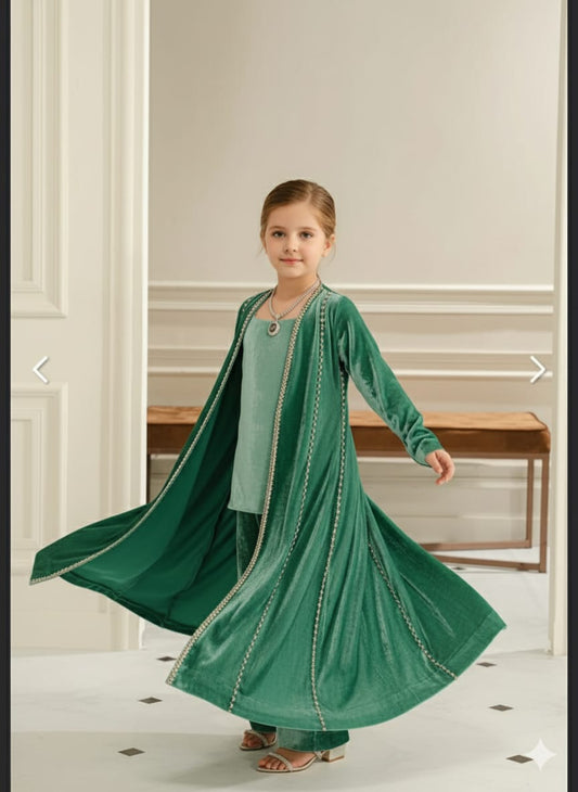 Pre Order: Green Velvet Kurti With Shrug Set