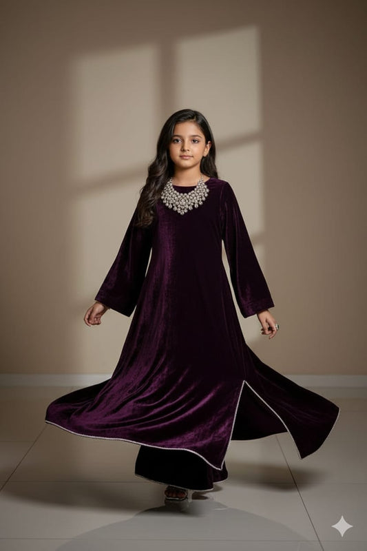 Pre Order: Wine Velvet Kurta Suit Set