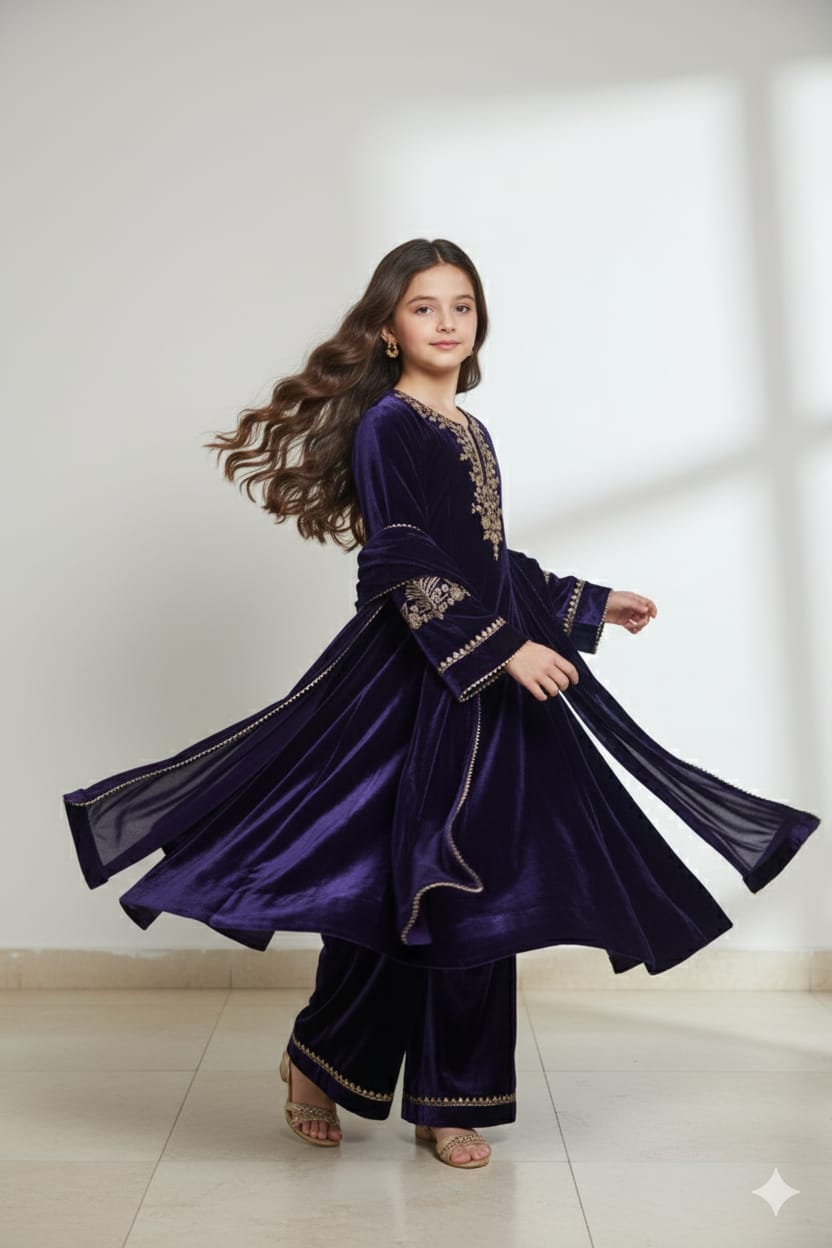 Pre Order: Purple Embroidered Velvet Anarkali Suit Set