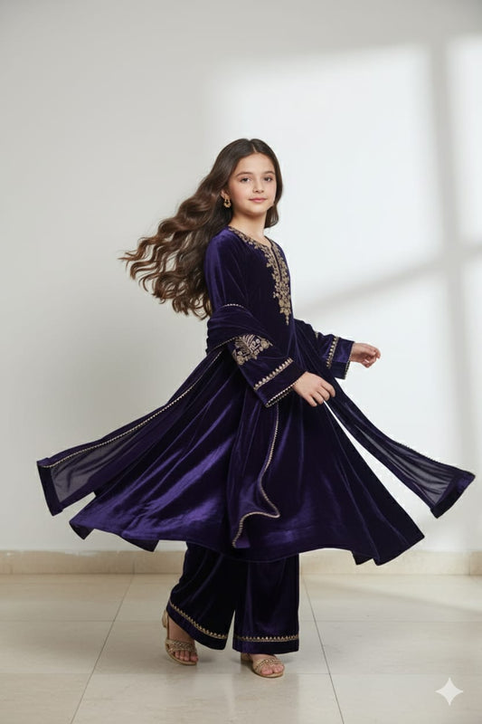 Pre Order: Purple Embroidered Velvet Anarkali Suit Set