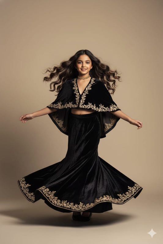 Pre Order: Black Velvet Cape With Lehenga Set