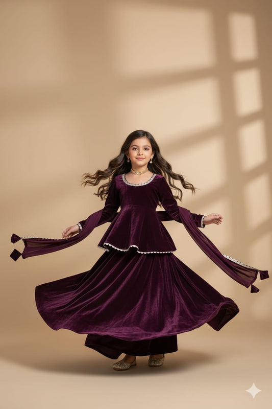 Pre Order: Wine Velvet Kurti And Lehenga Set