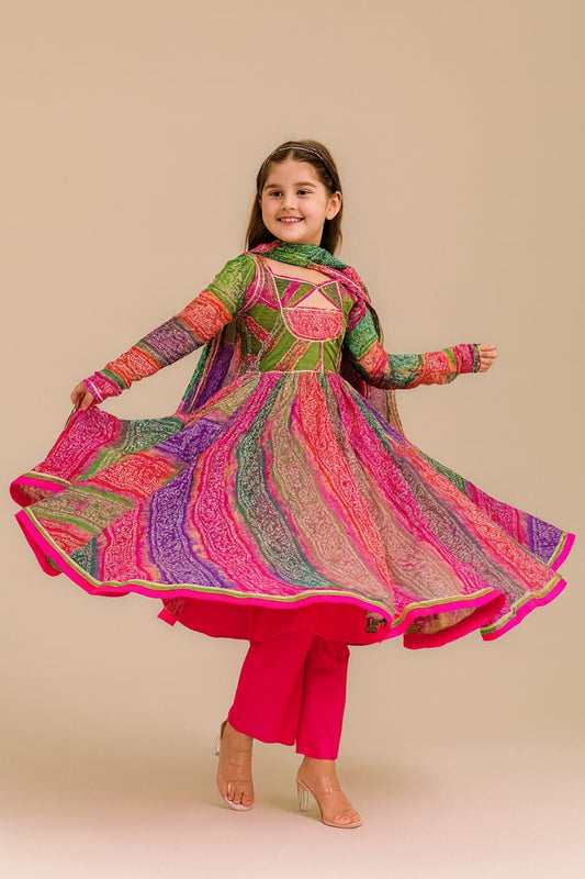 Pre Order: Colorful Bandhani Georgette Anarkali Suit Set