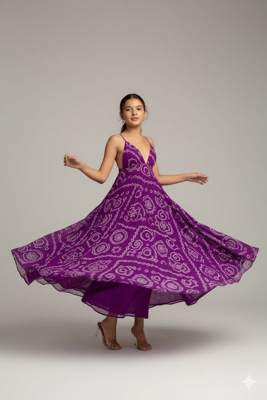 Pre Order: Purple Bandhani Georgette Gown