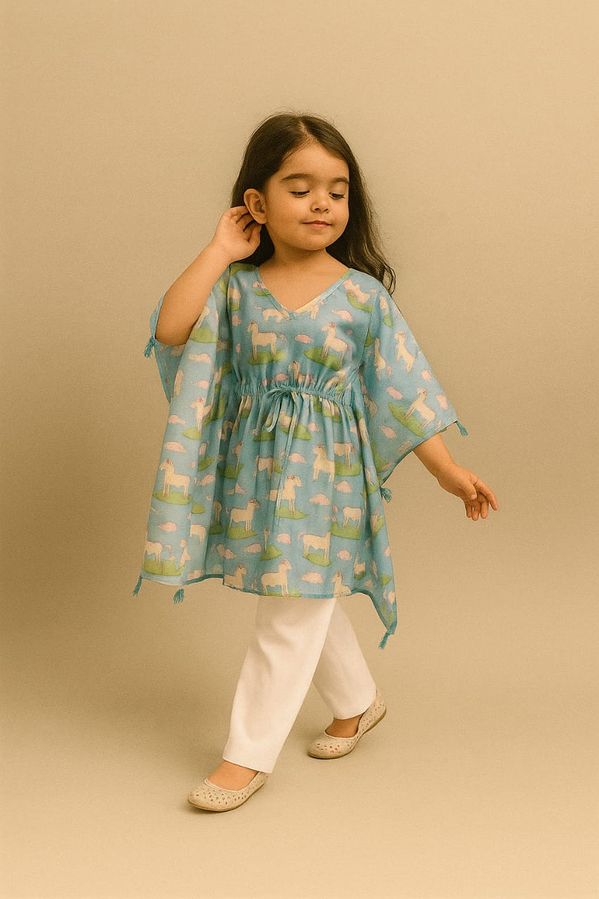 Pre Order: Rama Cow Printed Tassels Detailed Kaftan Coord Set