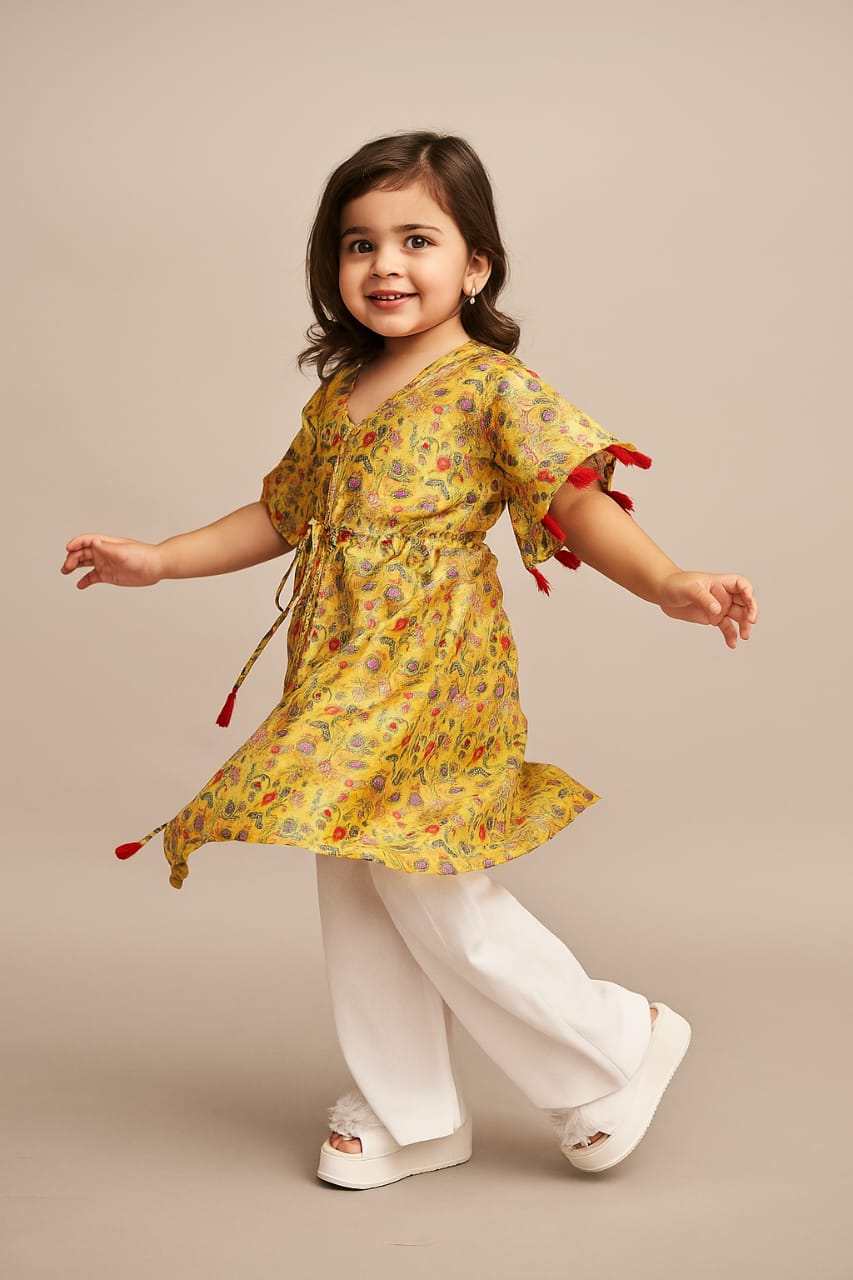 Pre Order: Mustard Floral Tassels Detailed Kaftan Coord Set