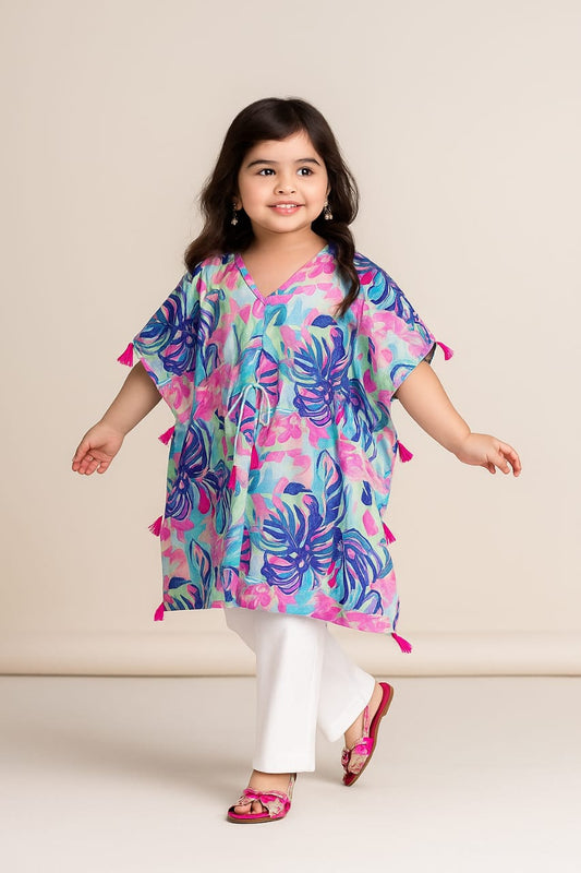 Pre Order: Multicolur Leaf Printed Tassels Detailed Kaftan Coord Set