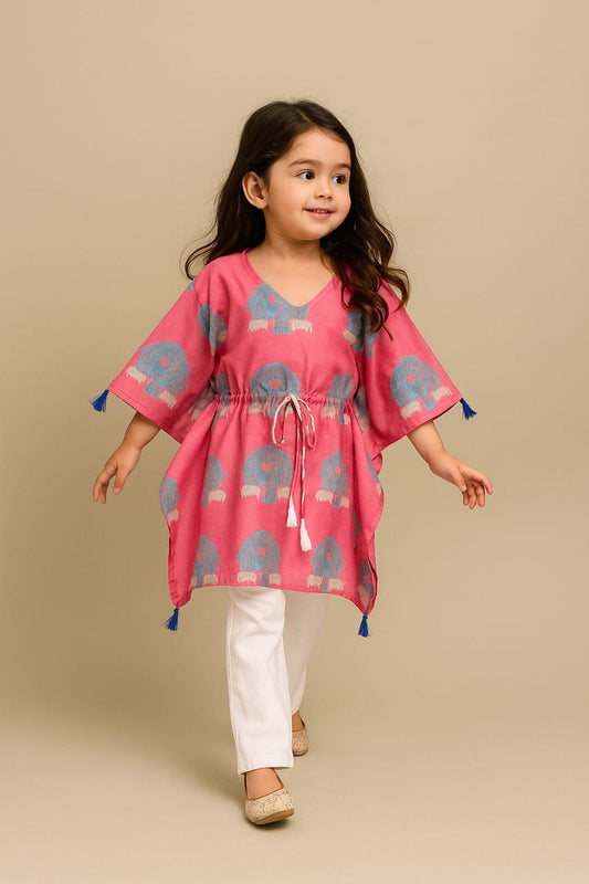 Pre Order: Pink Cow Printed Tassels Detailed Kaftan Coord Set