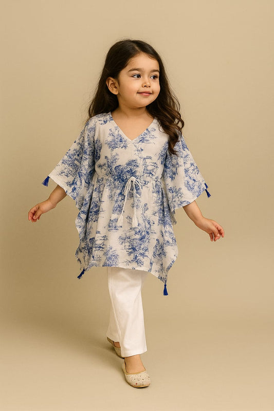 Pre Order: Indigo Elephant Tassels Detailed Kaftan Coord Set