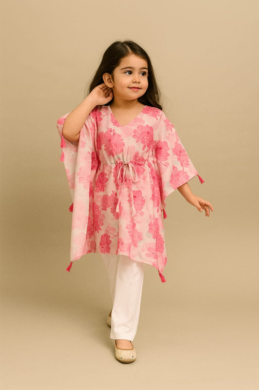 Pre Order: Shades Of Pink Floral Tassels Detailed Kaftan Coord Set