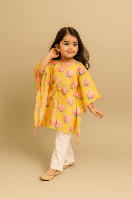 Pre Order: Lotus Printed Tassels Detailed Kaftan Coord Set