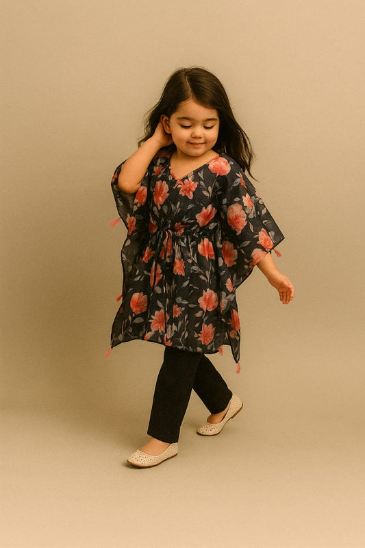 Pre Order: Black Gaint Floral Tassels Detailed Kaftan Coord Set