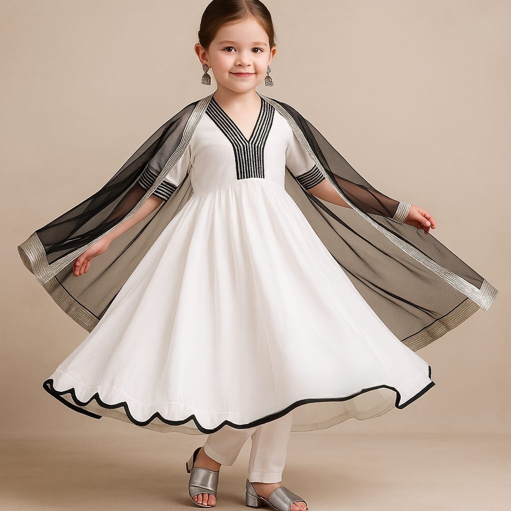 Pre Order: White And Black Anarkali with Dupatta