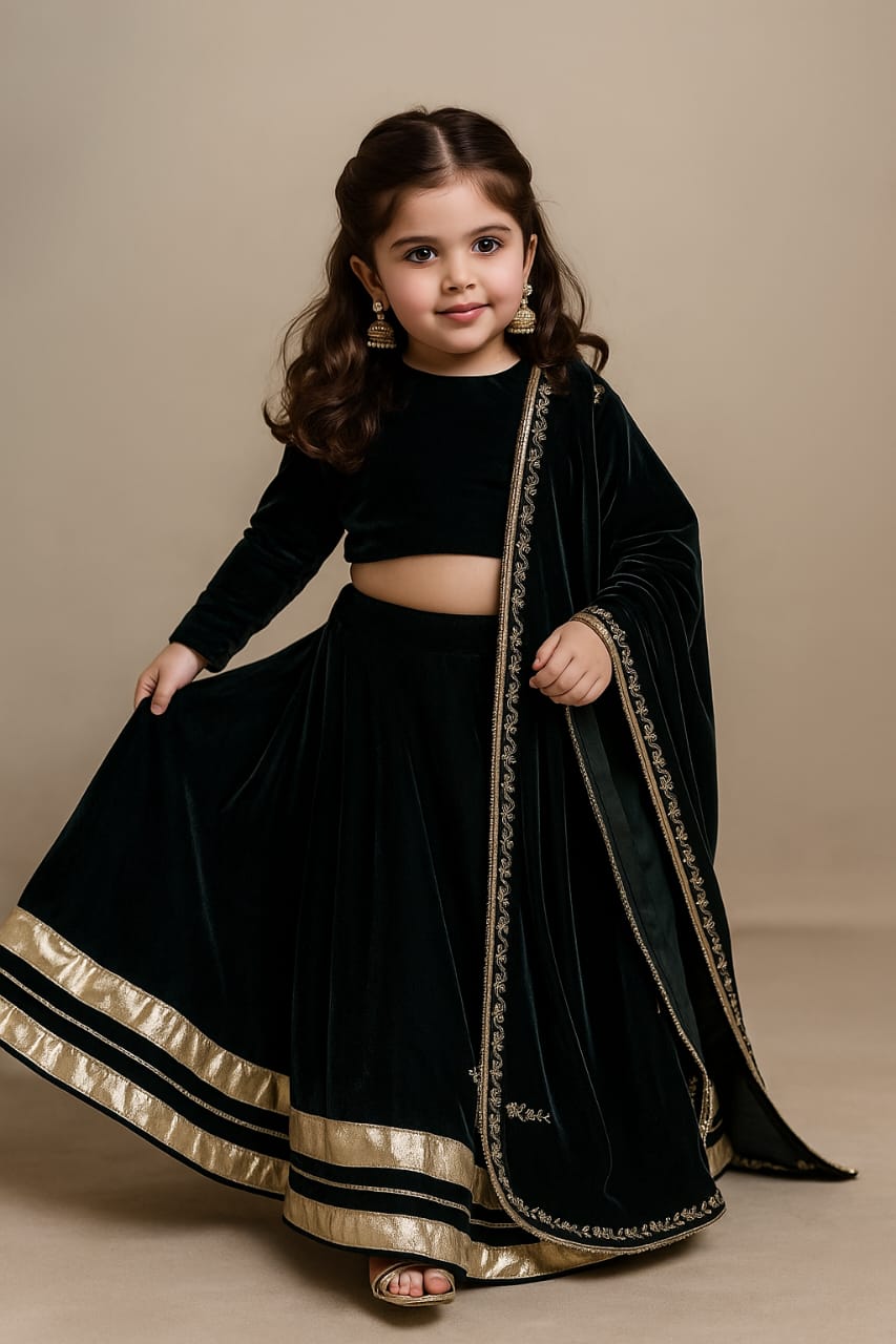 Pre Order: Bottle Green Velvet Embroidered Lehenga Set