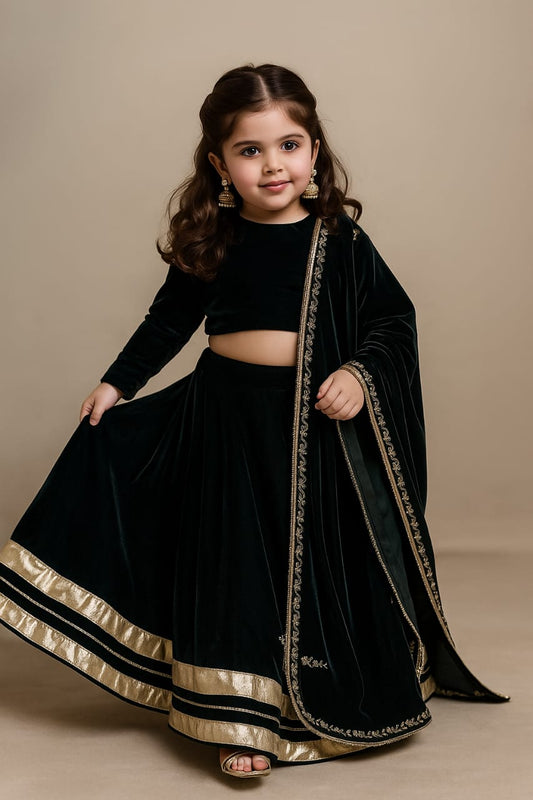 Pre Order: Bottle Green Velvet Embroidered Lehenga Set