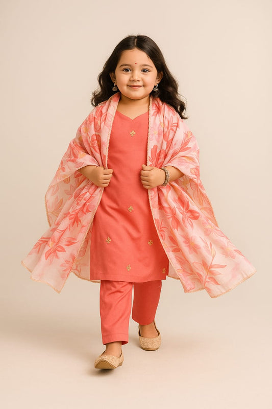 Pre Order:Peach Passion Embroidered Suit Set