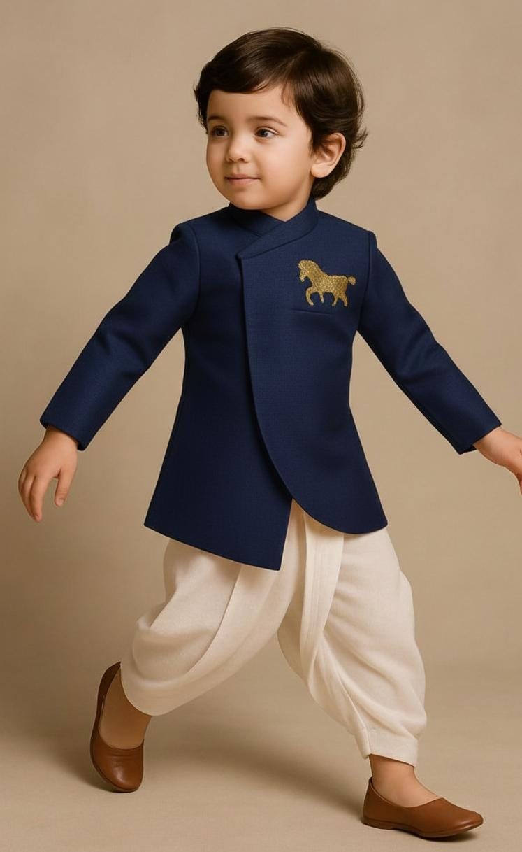 Pre Order: Horse Motif Jodhpuri Blue Jacket And Dhoti