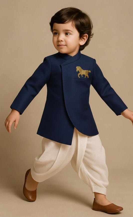Pre Order: Horse Motif Jodhpuri Blue Jacket And Dhoti
