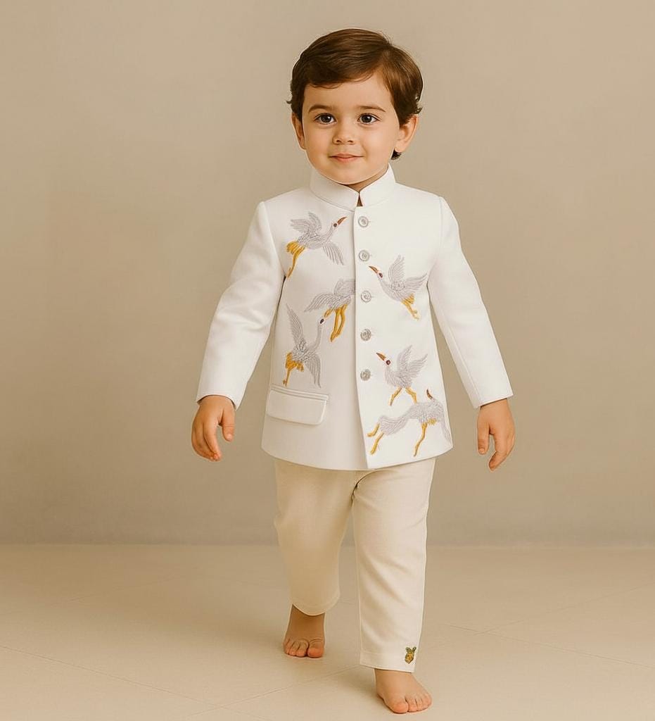 Pre Order: White Bird Embroidered Sherwani With Off White Pyjama