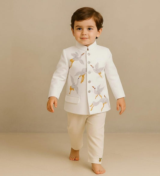 Pre Order: White Bird Embroidered Sherwani With Off White Pyjama