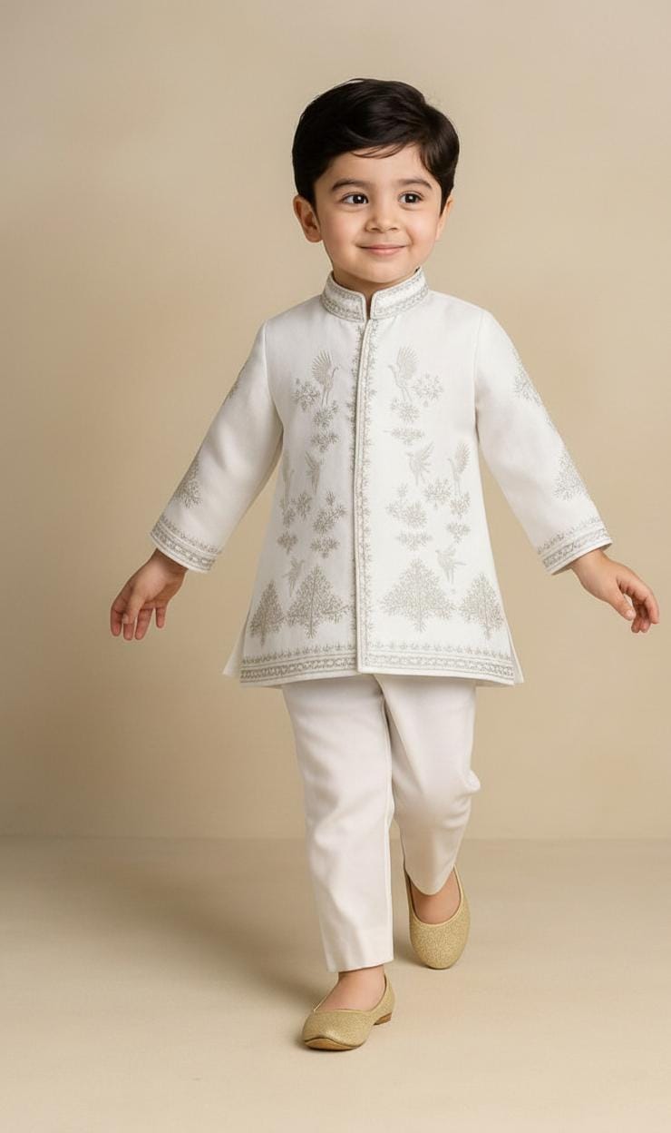 Pre Order: White Bird Embroidered Sherwani And Pant