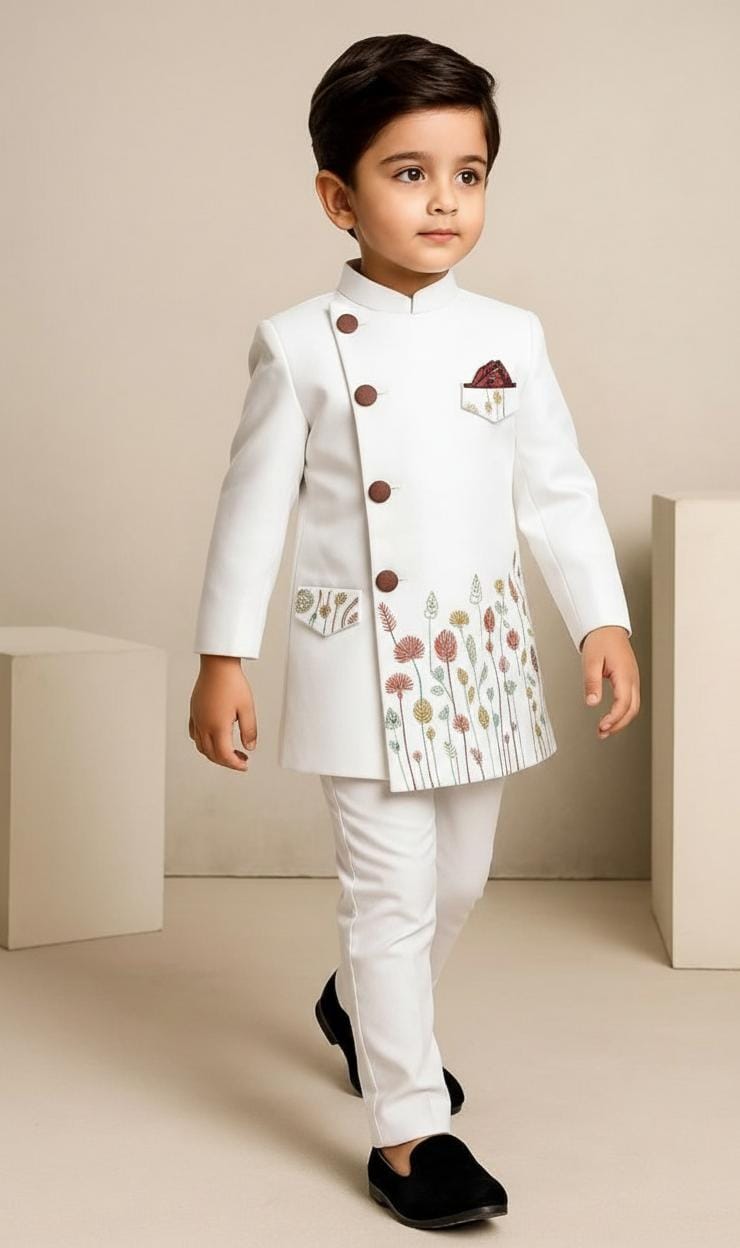 Pre Order: Embroidered White Stylish Sherwani And Pant
