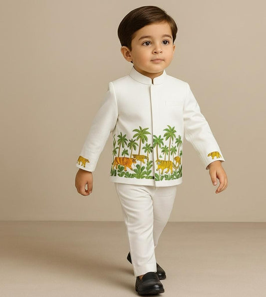 Pre Order: Jungle Theme Embroidered White Sherwani With Pant