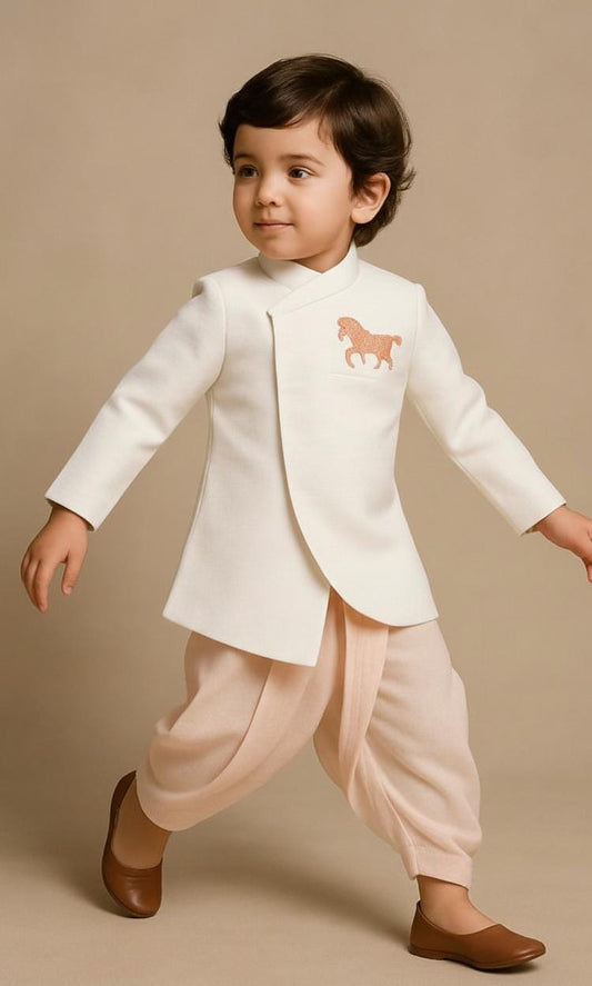Pre Order: Horse Motif Jodhpuri White Jacket And Pink Dhoti