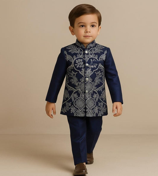 Pre Order: Blue Embroidered Sherwani and Pyjama