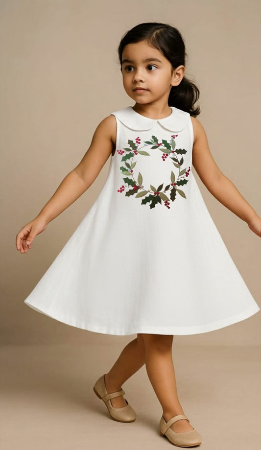 Pre Order: Cheistmas Leafy r Round White Dress