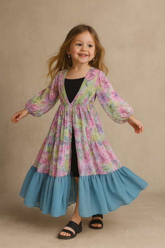 Pre Order: Pastel Blue Floral Printed Georgette Flared Shrug