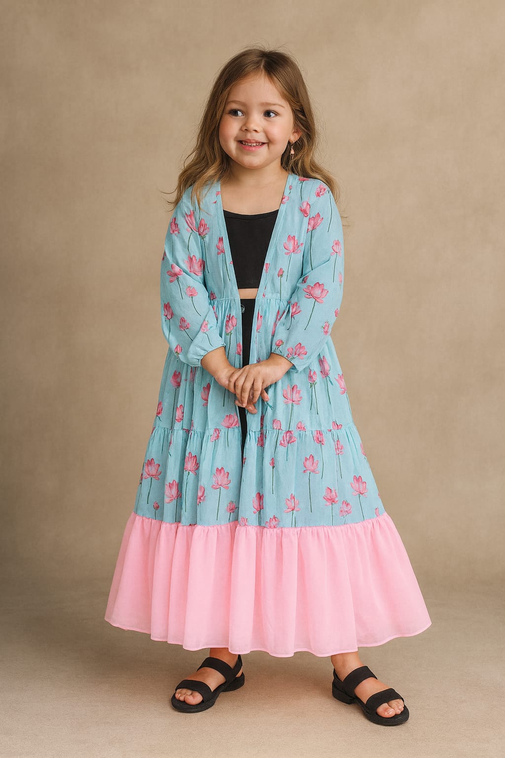 Pre Order: Blue and Pink Lotus Printed Georgette Flared Shrug