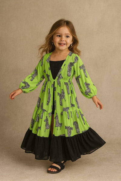Pre Order: Green Animal Printed Georgette Flared Shrug