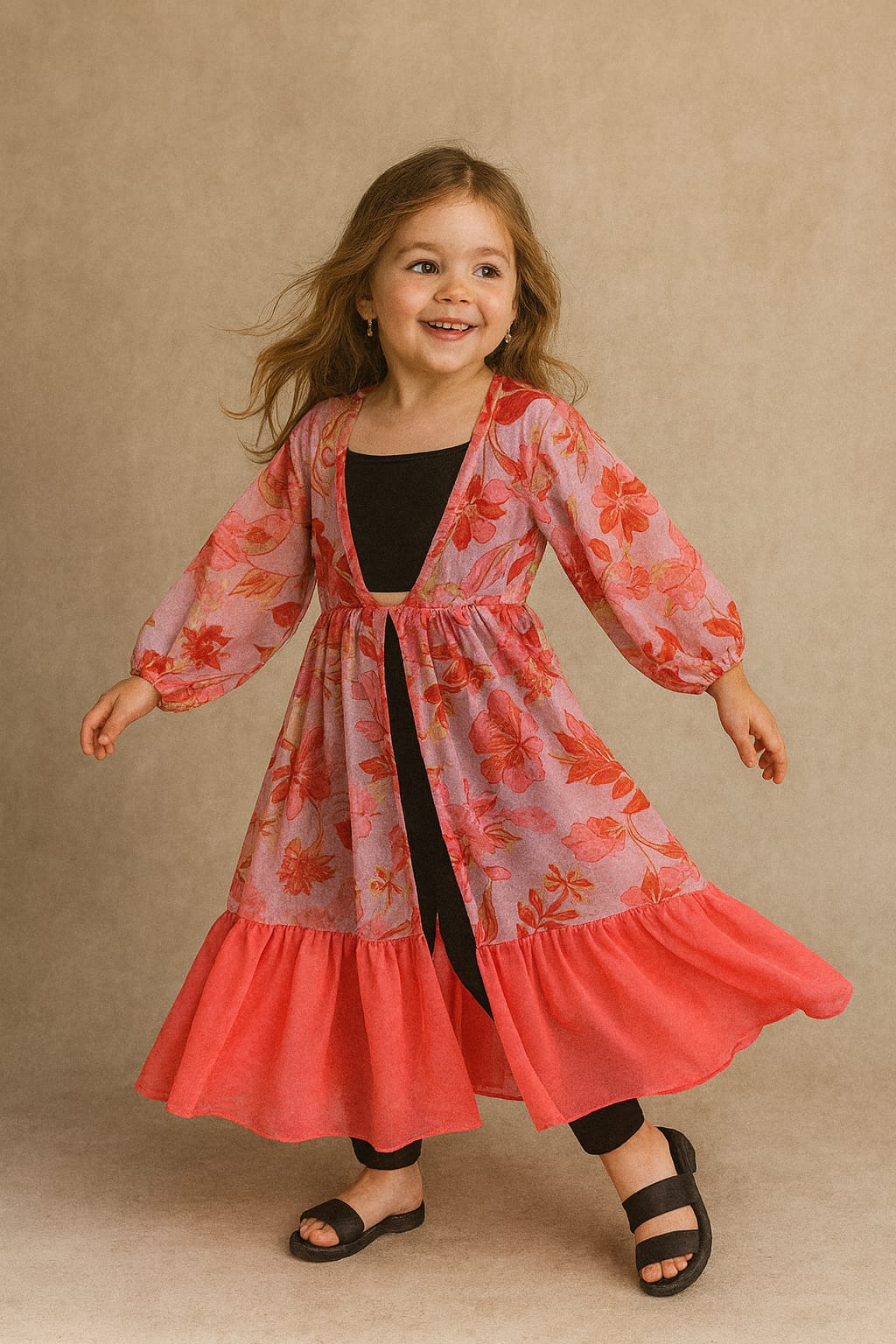 Pre Order: Pinkish Red Abstract Floral Printed Georgette Flared Shrug