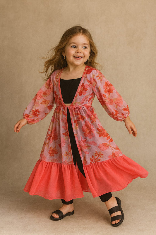 Pre Order: Pinkish Red Abstract Floral Printed Georgette Flared Shrug