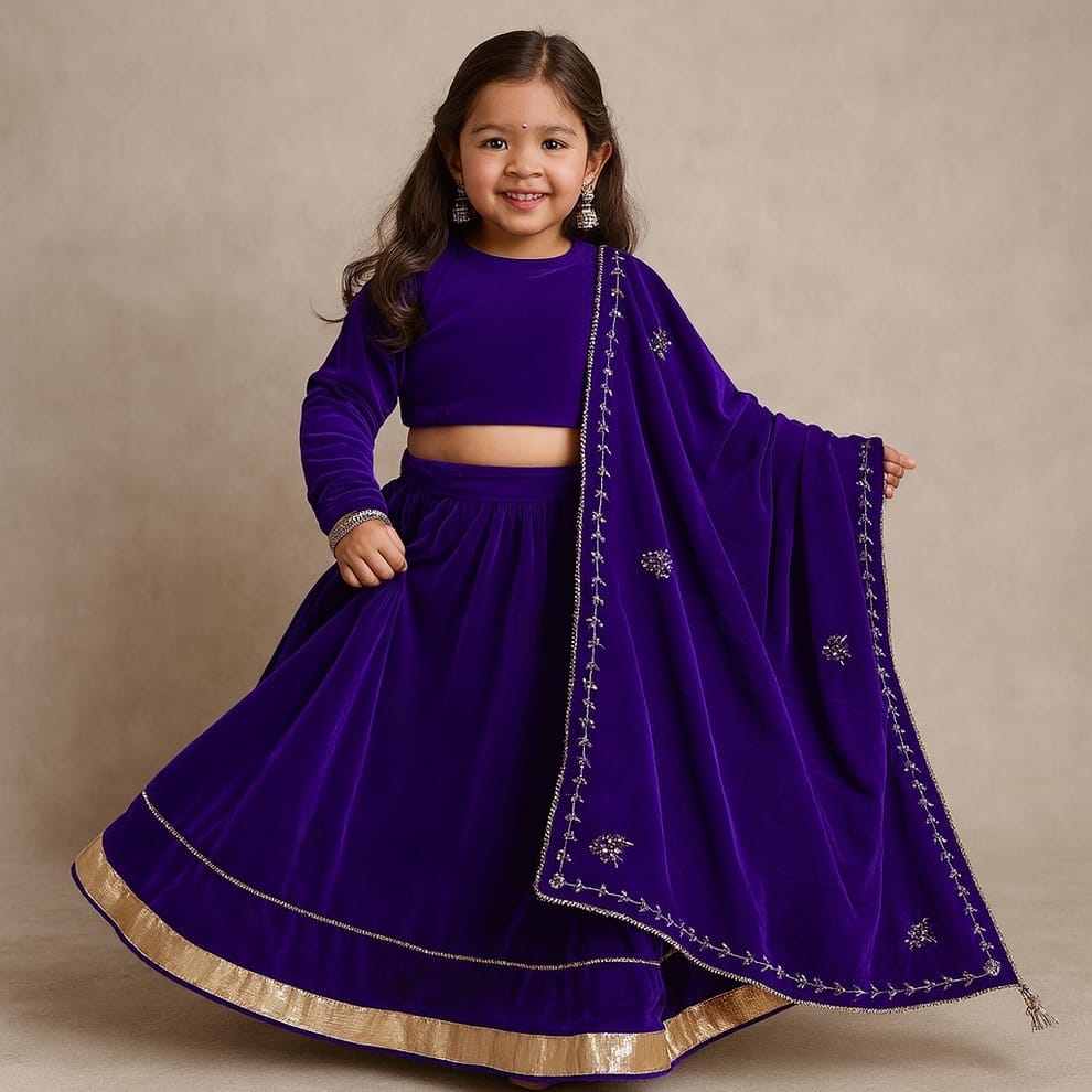 Pre Order: Purple Velvet Embroidered Lehenga Set