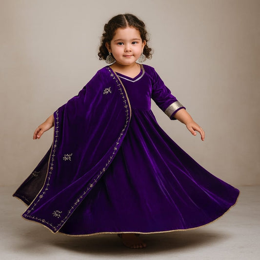 Pre Order: Purple Velvet Embroidered Dupatta Suit Set