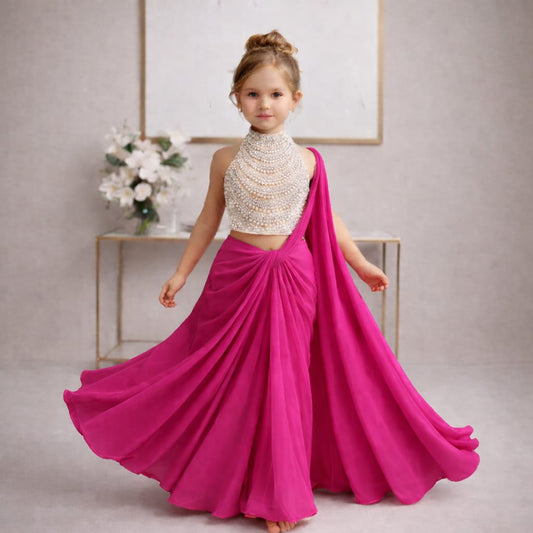 Pre Order: Rajkumari Pearl Hot Pink Saree Set