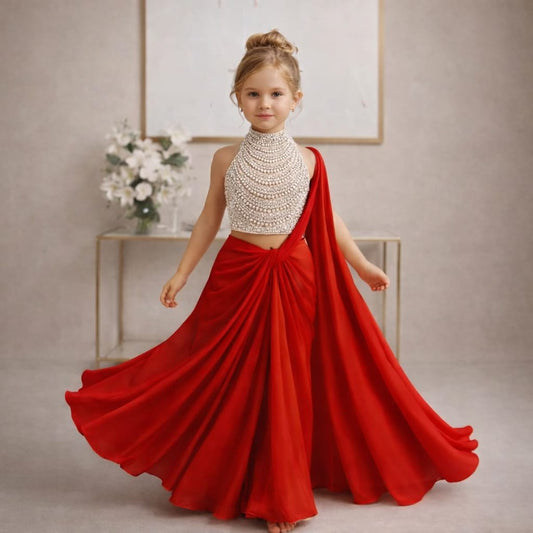 Pre Order: Rajkumari Pear Red Saree Set