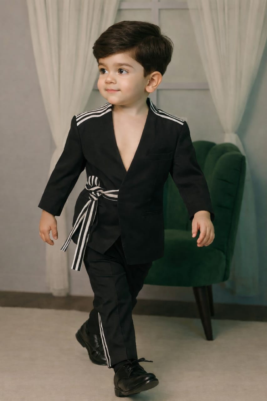 Pre Order: Black With Stylish Stripe Sherwani And Pant