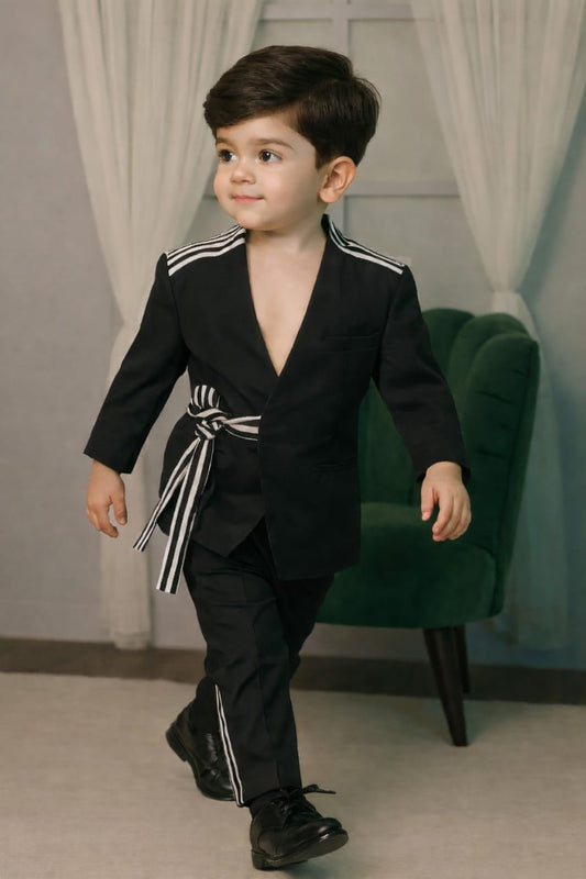 Pre Order: Black With Stylish Stripe Sherwani And Pant