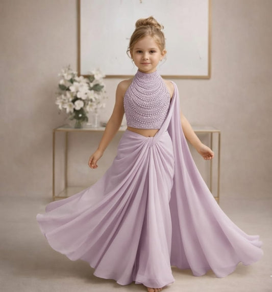 Pre Order: Rajkumari Pearl Dusty Saree Set