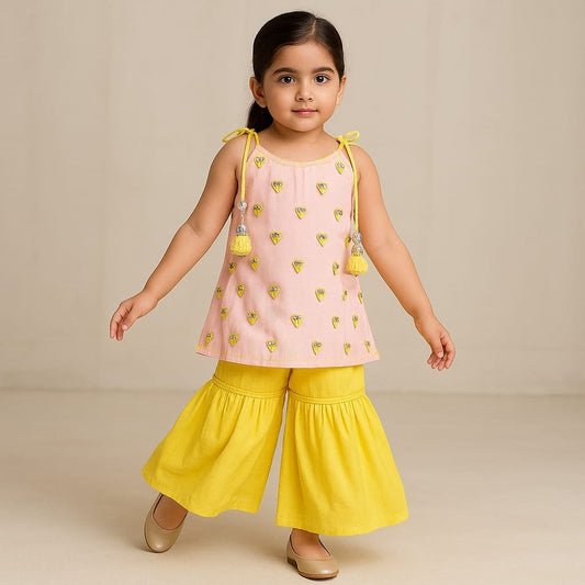 Pre Order: Pink Shibori Printed Tie Up Straps Kurti And Sharara