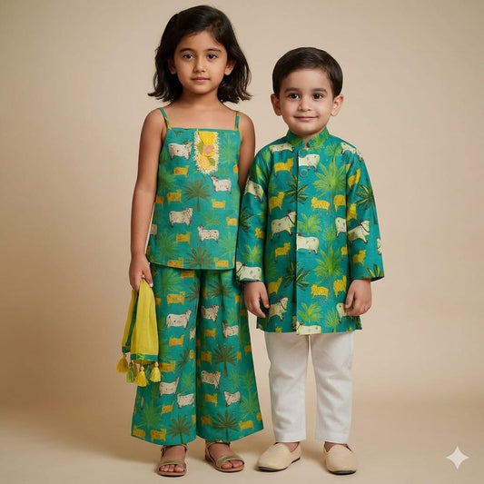 (Girl) Pre Order: Ethnic Printed Kurti And Pant With Net Dupatta