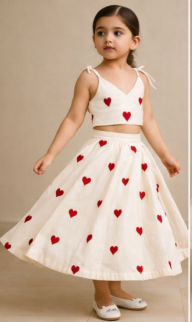 Pre Order: Hearts Embroidered Stylish Tie Knot Strap Top And Lehenga